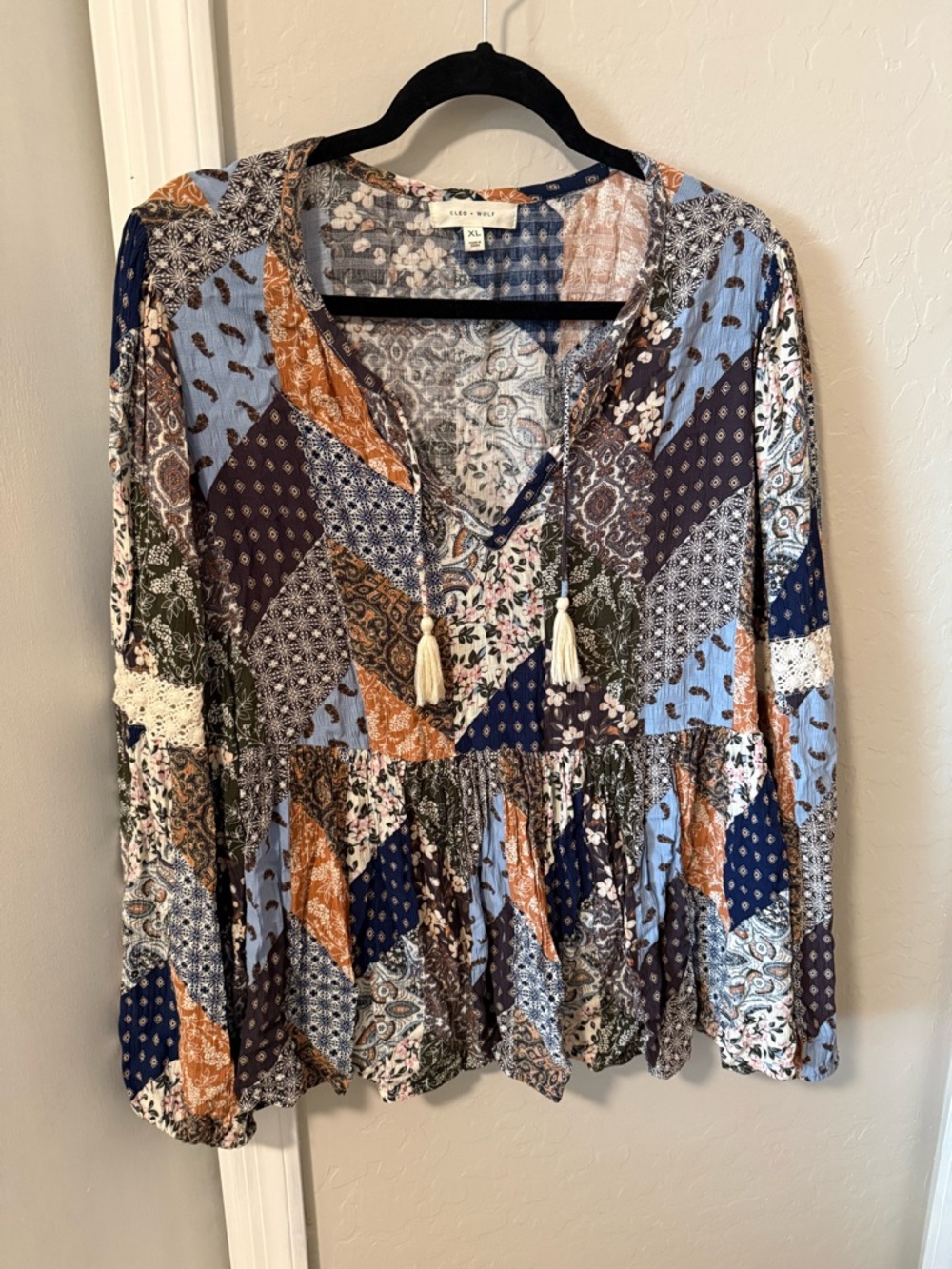 Cleo + Wolf Blue Patchwork Peasant Blouse with Tassel Tie